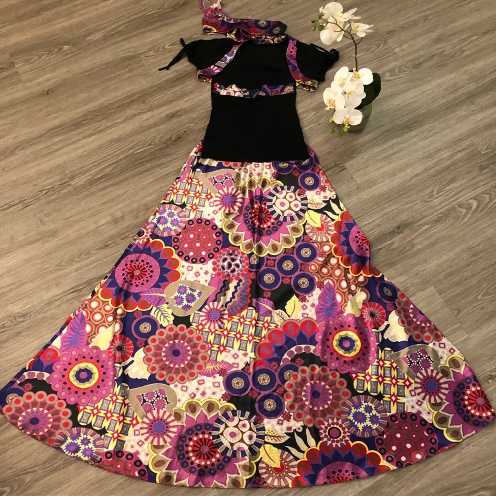 France| Purple Shades Printed Satin 3 Pieces Suit - Picture 2 of 10